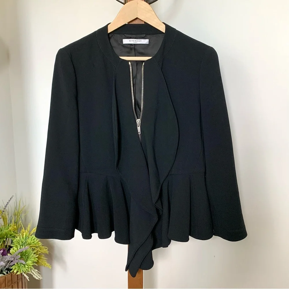 Rare GIVENCHY Black Peplum Jacket Silver Zippered Blazer Italy IT 44 / US MED